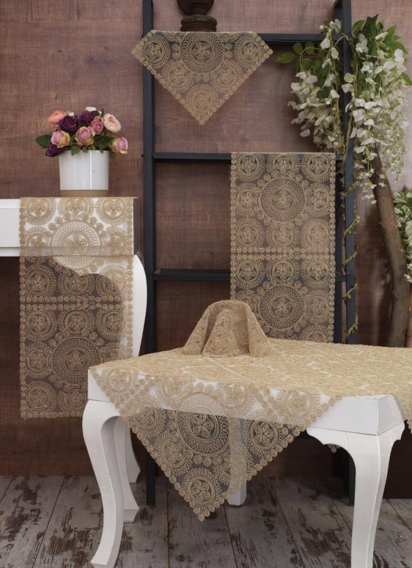 Tropikhome Victoria Bej Renk Salon Takımı 5 Parça Nakış Çeyiz Seti - 1