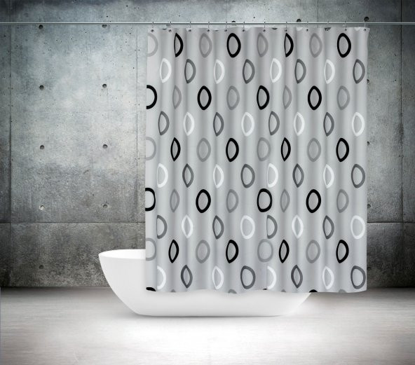 Gri Banyo Perdesi Tek Kanat Polyester Kumaş Duş Perdesi Geometrik Desen Banyo Perde C-Halka Hediyeli