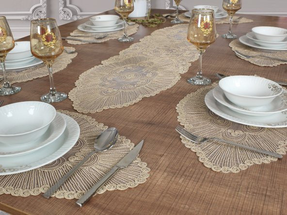 Tropikhome Amerikan Servis Supla Ve Runner Seti 6 Kişilik Set Venice Bej 7 Parça ürün görseli 1