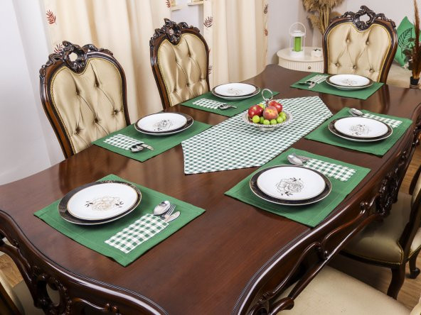Amerikan Servis Pamuklu Supla Ve Runner Seti 6 Kişilik Yılbaşı Temalı Yeşil Ekose Sunum Takımı - Resim 2