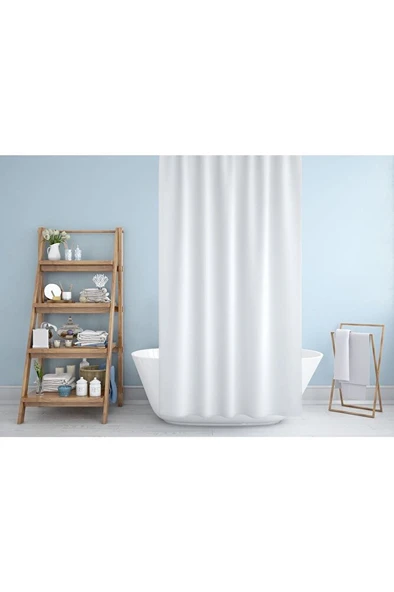 Beyaz Polyester Kumaş Büyük Boy Banyo Perdesi 240x200cm Yerli Üretim Askı Aparatı Plastik C-halka - 2