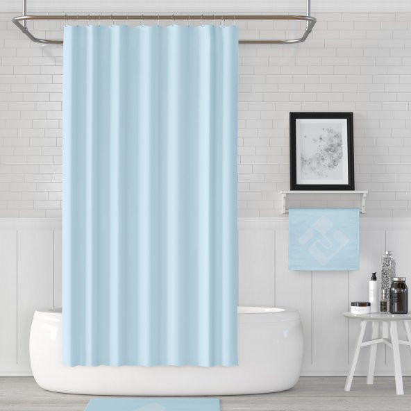 Mavi Banyo Perdesi Yerli Üretim 180x200 cm Duş Perdesi 12 Plastik C-Halka Hediyeli Banyo Perdeleri