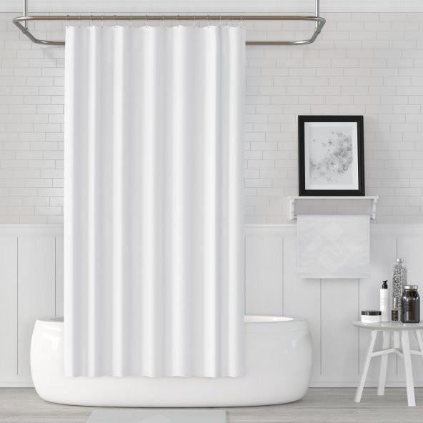Beyaz Renk Banyo Perdesi Polyester Kumaş Duş Perdesi 240x200 cm Büyük Boy Banyo Perde C-Halka Hediye