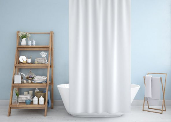 Beyaz Renk Banyo Perdesi Polyester Kumaş Duş Perdesi 240x200 cm Büyük Boy Banyo Perde C-Halka Hediye - 2