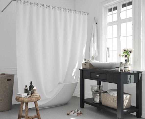 Beyaz Renk Banyo Perdesi Polyester Kumaş Duş Perdesi 240x200 cm Büyük Boy Banyo Perde C-Halka Hediye - 3