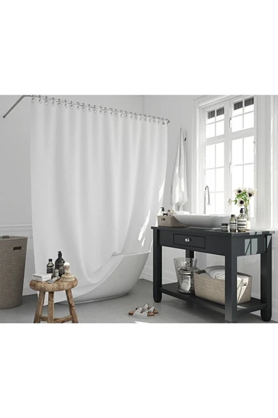 Beyaz Polyester Kumaş Büyük Boy Banyo Perdesi 240x200cm Yerli Üretim Askı Aparatı Plastik C-halka - 3
