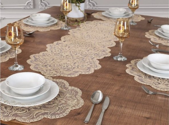 Amerikan Servis 12 Kişilik Supla ve Runner Set Bej Renk 13 Parça Set Masa ve Sunum Takımı Tropikhome