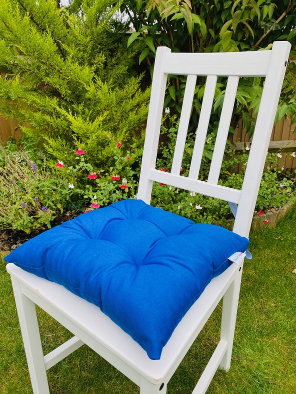 Mavi Renk Pamuklu Kumaş Pofidik Kare Dekoratif Sandalye Minderi 35x35 cm, Bağcıklı Sandalye Minderi