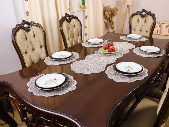 Amerikan Servis 12 Kişilik Supla ve Runner Set Bej Renk 13 Parça Set Masa ve Sunum Takımı Tropikhome - 3