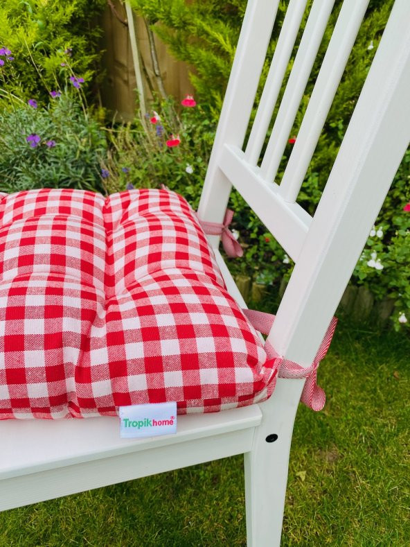 Ekoseli Kırmızı Renk Pamuklu Kumaş Pofidik Kare Dekoratif Sandalye Minderi 35x35 cm - 2