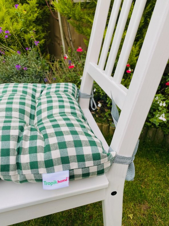 Ekose Yeşil Renk Pamuklu Kumaş Pofidik Kare Dekoratif Sandalye Minderi 35x35 cm - 2