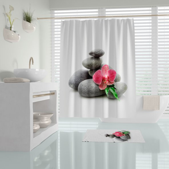 Banyo Perdesi Spa Taş Desen Duş Perdesi Baskılı Polyester Kumaş C Halkalı Banyo Perdeleri 180x200cm - 1