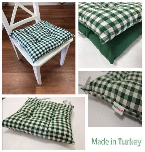 Ekose Yeşil Renk Pamuklu Kumaş Pofidik Kare Dekoratif Sandalye Minderi 35x35 cm - 4
