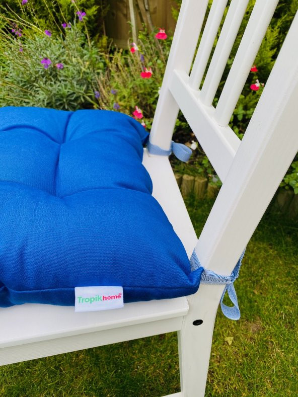 Mavi Renk Pamuklu Kumaş Pofidik Kare Dekoratif Sandalye Minderi 35x35 cm, Bağcıklı Sandalye Minderi - 2