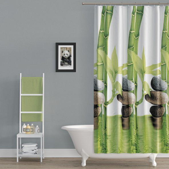 Banyo Perdesi Bamboo Desen Yerli Üretim Duş Perdesi Plastik C-Halka Hediye 180x200cm Banyo Perdeleri - 3