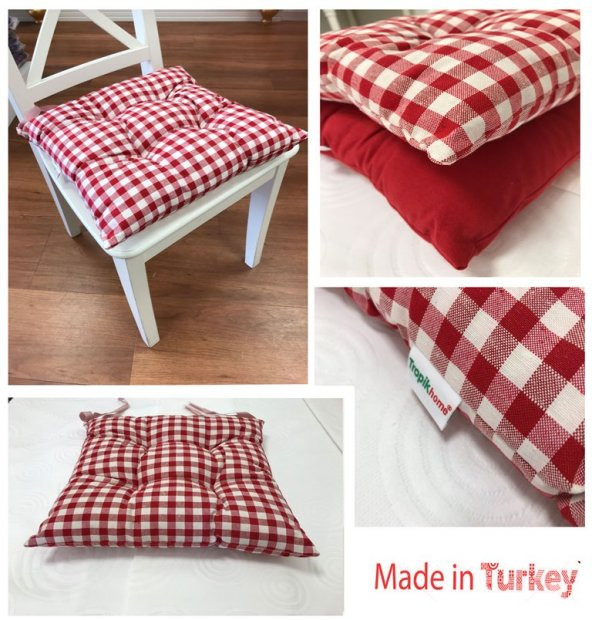 Ekoseli Kırmızı Renk Pamuklu Kumaş Pofidik Kare Dekoratif Sandalye Minderi 35x35 cm - 3