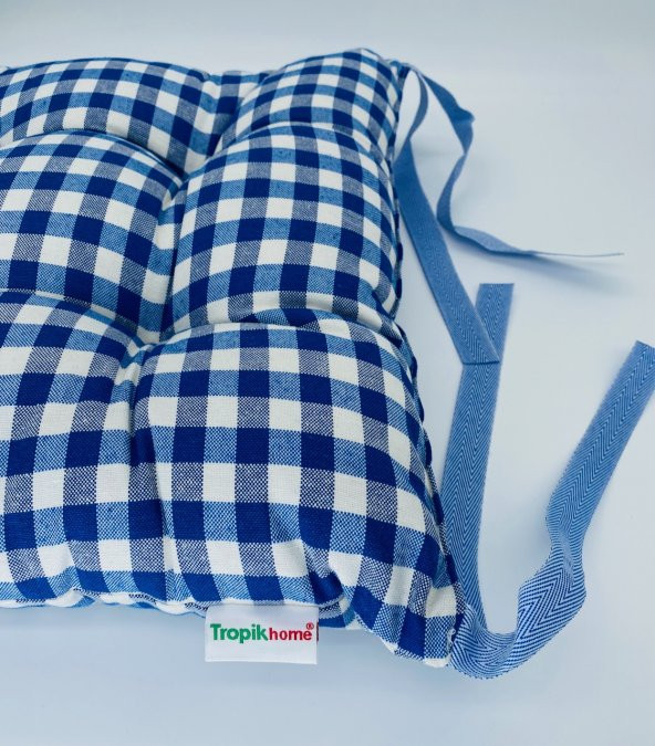 Ekose Mavi Renk Pamuklu Kumaş Pofidik Kare Dekoratif Sandalye Minderi 35x35 cm - 3