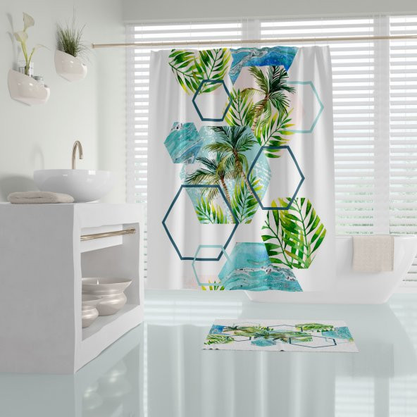 Banyo Perdesi Palmiye Desen Dijital Baskılı Duş Perde Polyester Kumaş Banyo Perdesi 180x200 Plastik