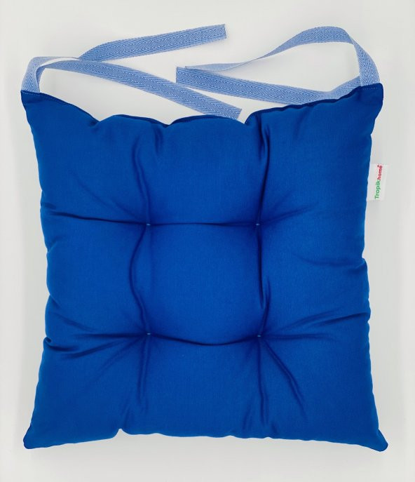 Mavi Renk Pamuklu Kumaş Pofidik Kare Dekoratif Sandalye Minderi 35x35 cm, Bağcıklı Sandalye Minderi - 4