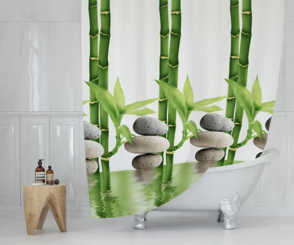 Banyo Perdesi Bamboo Desen Yerli Üretim Duş Perdesi Plastik C-Halka Hediye 180x200cm Banyo Perdeleri