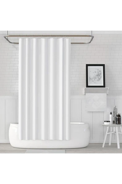 Beyaz Banyo Perdesi Yerli Üretim Duş Perdesi 12 Adet Plastik C-halkalı Banyo Duş Perdesi - 1