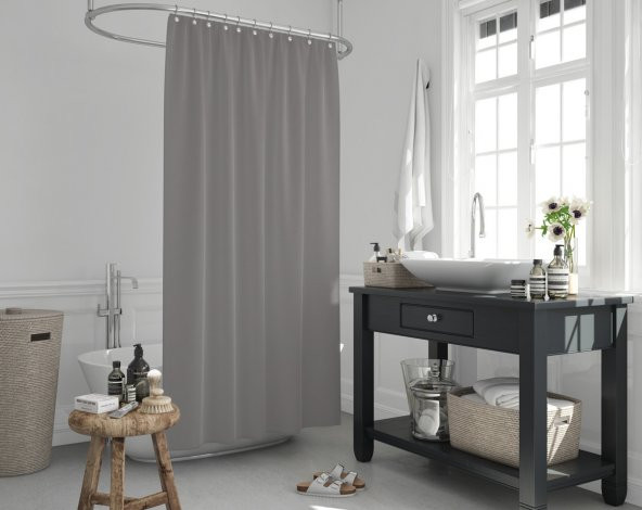 Gri Renk Banyo Perdesi Polyester Kumaş Duş Perdesi 12 Plastik C-Halka Hediyeli Banyo Duş Perdesi - 1