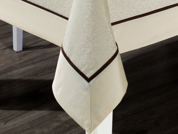 Pamuklu Krem Renk Bordürlü Biyeli Luks Masa Örtüsü 160x220cm ürün görseli 1