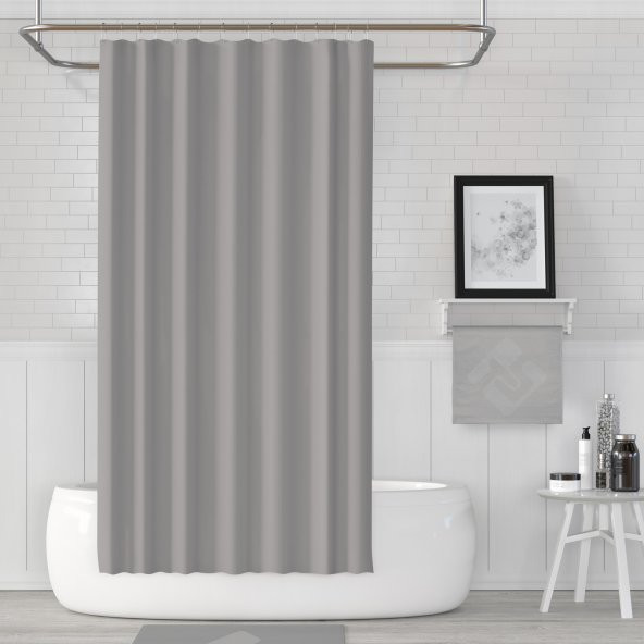Gri Renk Banyo Perdesi Polyester Kumaş Duş Perdesi 12 Plastik C-Halka Hediyeli Banyo Duş Perdesi - 3