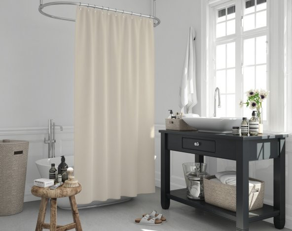 Krem Renk Banyo Perdesi Yerli Üretim Duş Perdesi 12 Adet Plastik C-Halka Hediyeli Banyo Duş Perdesi - 1