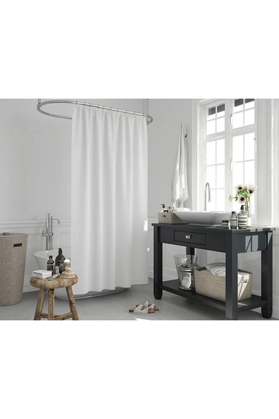 Beyaz Banyo Perdesi Yerli Üretim Duş Perdesi 12 Adet Plastik C-halkalı Banyo Duş Perdesi - 3
