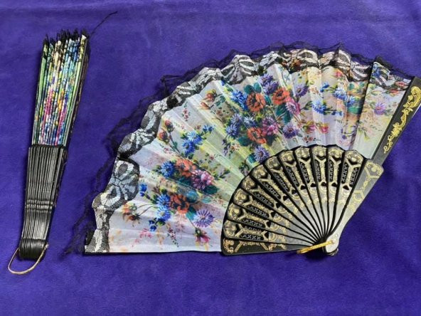 Çiçek Desenli Dantelli Plastik Yelpaze - 8