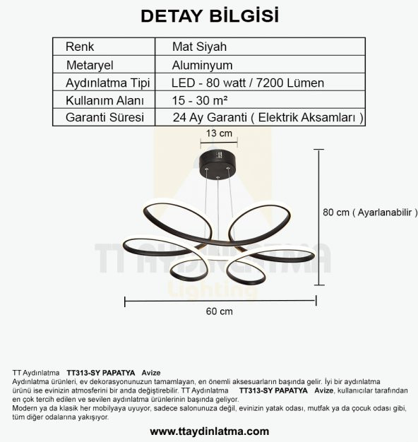 TT Aydınlatma TT313-SY  Papatya Modeli Mat Siyah Led Avize - 4
