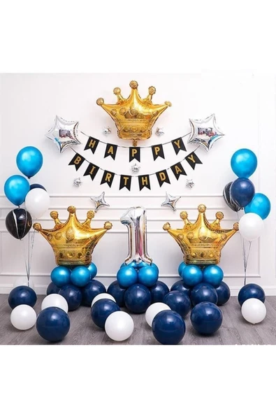 Parti Kral Taçlı 1 Yaş Rakam Gümüş Folyo Balon Doğum Günü Seti