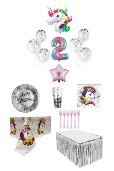 Unicorn Temalı 2 Yaş Doğum Günü Seti 16 Kişilik