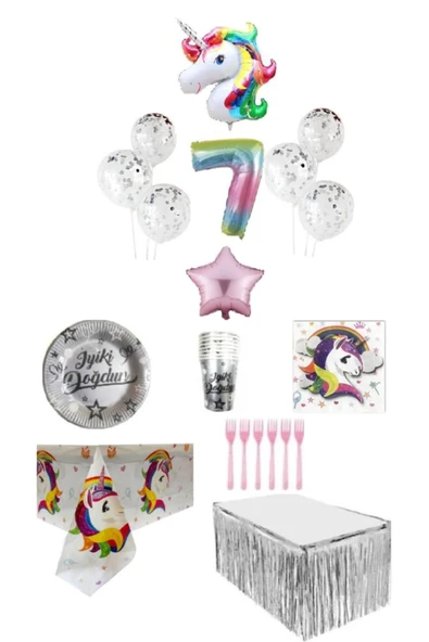 Unicorn Temalı 7 Yaş Doğum Günü Seti 16 Kişilik