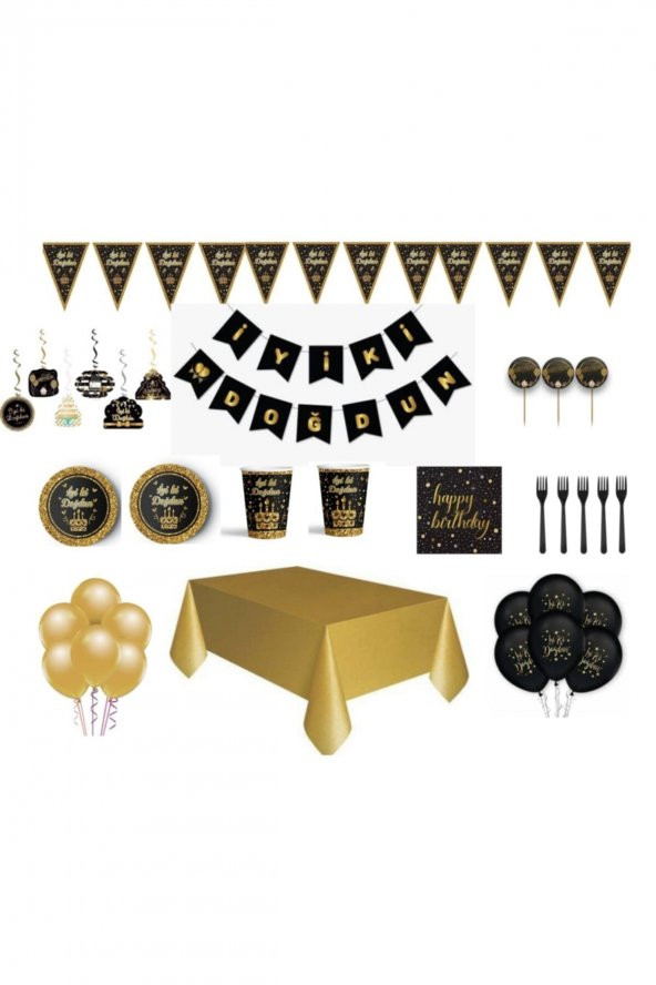 Siyah Gold İyi Ki Doğdun Doğum Günü Parti Seti 16 Kişilik