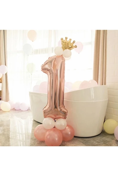 1 Yaş Rose Rakam Ve Kral Tacı Folyo Balon Doğum Günü