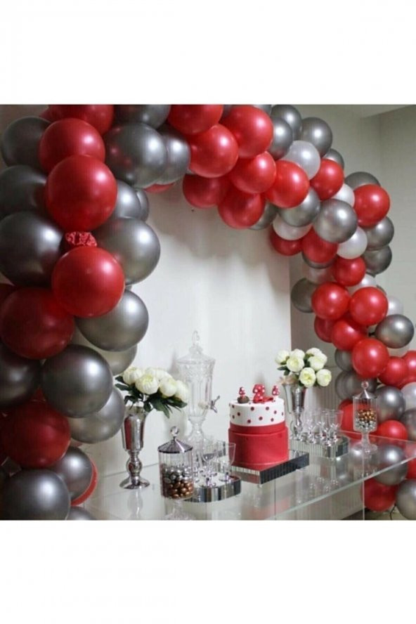 50 Adet Parti Balonu - Kırmızı - Gümüş Metalik Balon +balon Zinciri