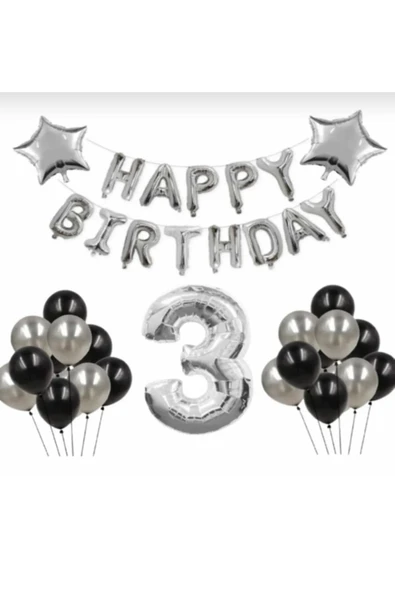 Star Gümüş 3 Yaş Happy Bırthday Folyo Balonlu Yıldızlı Set