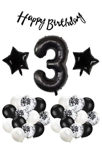 Parti 3 Yaş Siyah Folyo Balon Seti
