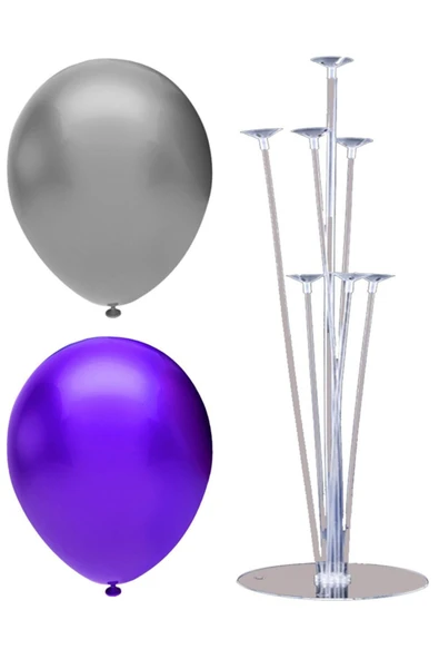 7 Çubuklu Balon Standı + 100 Adet Balon ( Mor, Gümüş )