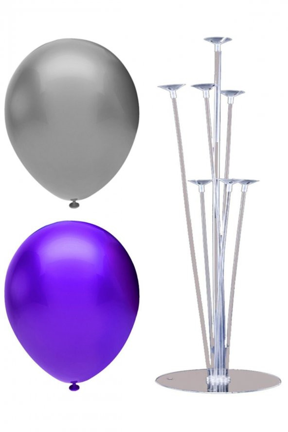 7 Çubuklu Balon Standı + 100 Adet Balon ( Mor, Gümüş )