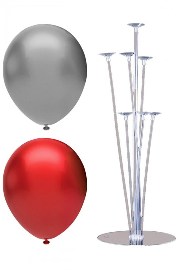 7 Çubuklu Balon Standı + 100 Adet Balon ( Kırmızı, Gümüş )
