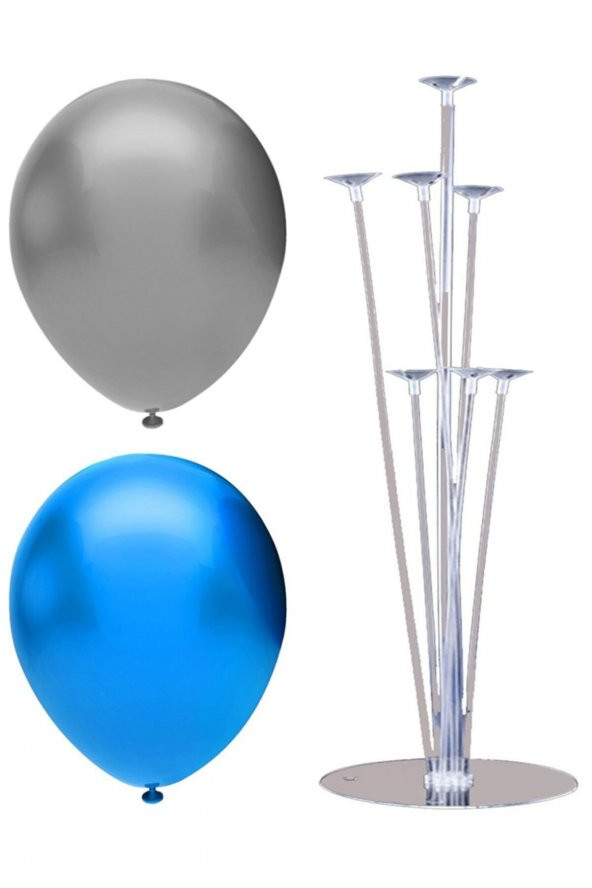 7 Çubuklu Balon Standı + 100 Adet Balon ( Gümüş, Koyu Mavi )