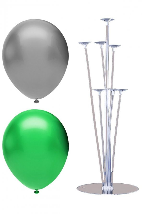 7 Çubuklu Balon Standı + 100 Adet Balon ( Gümüş - Koyu Yeşil )