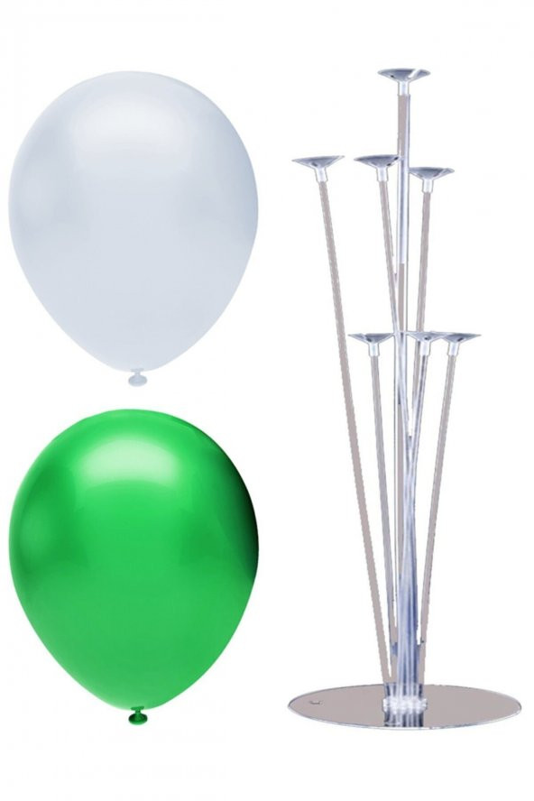 7 Çubuklu Balon Standı + 100 Adet Balon ( Koyu Yeşil - Beyaz )