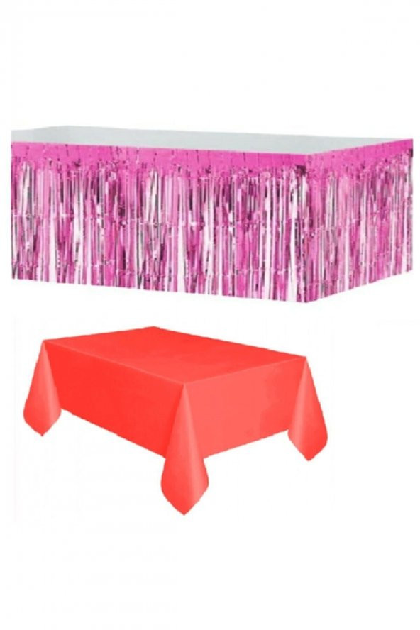 Pembe Metalize Masa Etegi + Plastik Kırmızı Masa Örtüsü