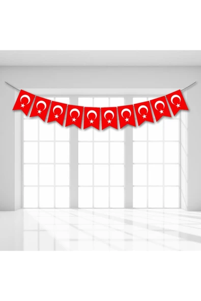 Türk Bayrağı Flama Seti, 1,50mt Kurdele Dizili 11cm X 17cm - 10'lu