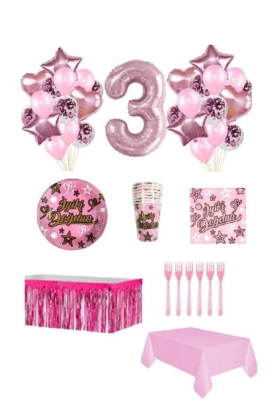 Pembe Renk 3 Yaş Doğum Günü Seti