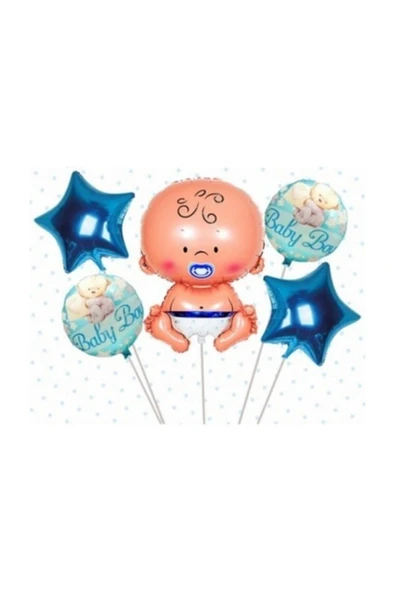 Baby Shower Folyo Balon Seti Bebekli Mavi Folyo Balon Seti 5 Li